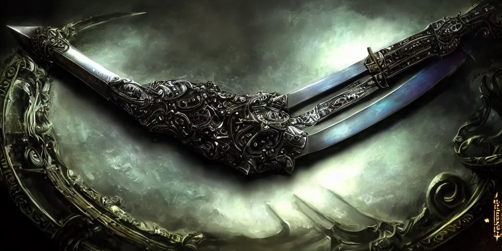 Image similar to legendary cybernetic sword lying flat on a glowing table with a long sharp black and iridescent sword blade, digital award winning hd matte painting, intimate dark moody, intricate, ornate spikes, colorful hilt, detailed realistic, raytraced blade, colored gems, future golden technological pommel, in the style of greg rutkowski and krenz cushart, deviantart