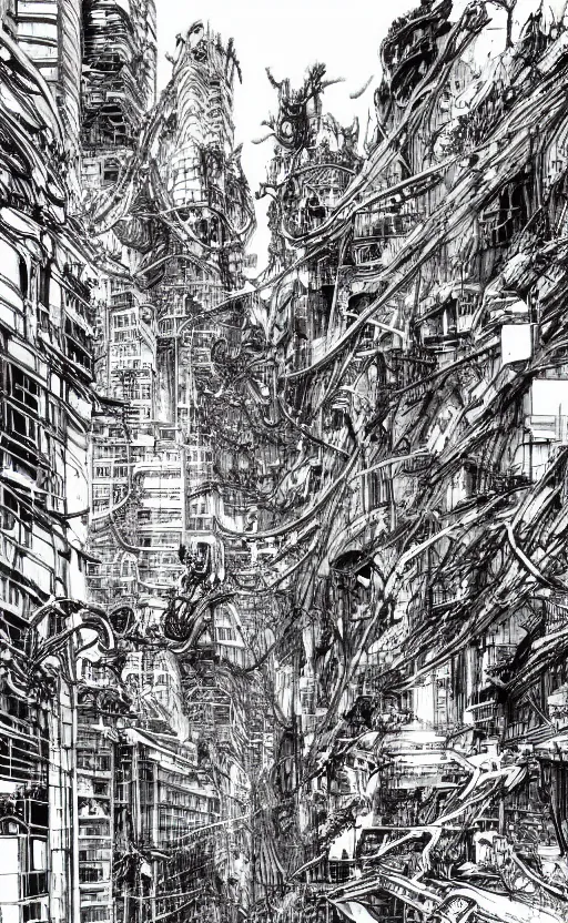 Prompt: dense city scene by tsutomu nihei, inked, minute details, desolation, hyper realistic, cosmic horror, biomechanical, beautiful