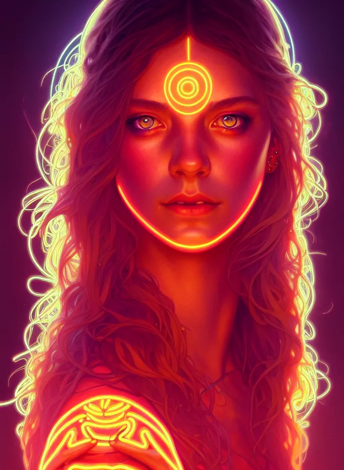 Image similar to symmetry!! portrait of a hippie girl, neon glowing eyes!! ambient, intricate, elegant, highly detailed, digital painting, artstation, symmetric concept art, smooth, sharp focus, illustration, art by artgerm and greg rutkowski and alphonse mucha, 8 k