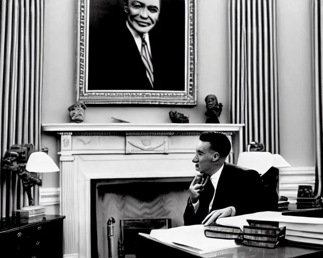 Image similar to a b-move alien lizard man wearing a suit, in the oval office, 1951, early black and white photo, cdx