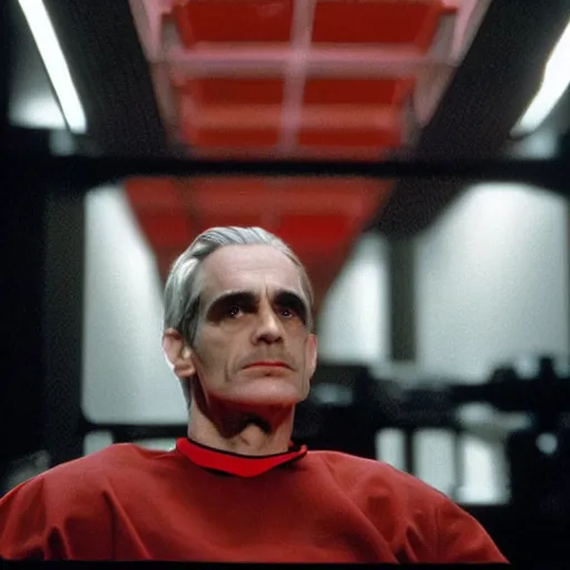 Prompt: a scene from the movie dead ringers with clean shaven jeremy irons, dark cinematic lighting, heavy black and red palette and color contrast, medical equipment, movie directed by wes craven