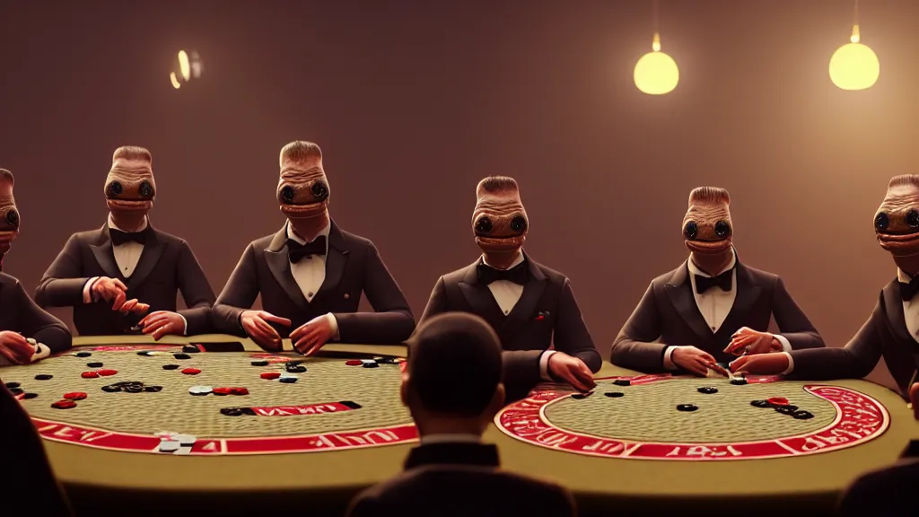 Image similar to hyperrealism simulation highly detailed human turtles'wearing detailed tuxedos and smoking, playing poker in surreal scene from cyberpunk movie from future by wes anderson and denis villeneuve and mike winkelmann rendered in blender and octane render