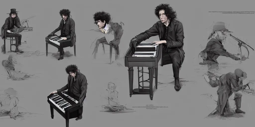 Image similar to cartoonish bob dylan playing the piano, character sheet, fine details, concept design, contrast, kim jung gi, greg rutkowski, trending on artstation, 8 k, full body, turnaround, front view, back view, ultra wide angle