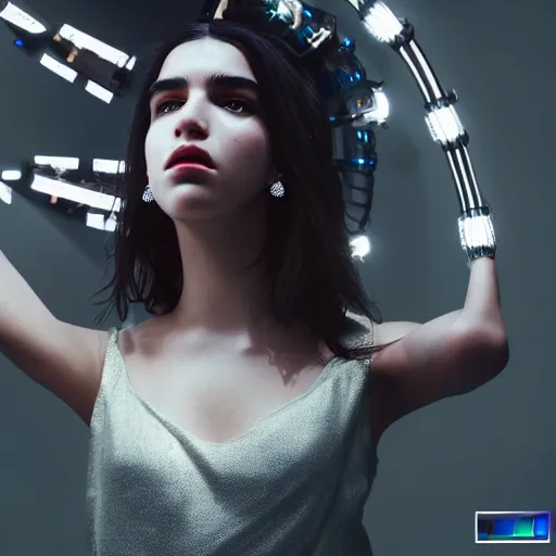 Image similar to beautiful Fine art photo of enraptured Dua Lipa as a solarpunk robotic goddess, white mechanical parts with led lights, photorealistic, centered, chest and face, highly detailed and intricate, sun lighting, HDR 8k