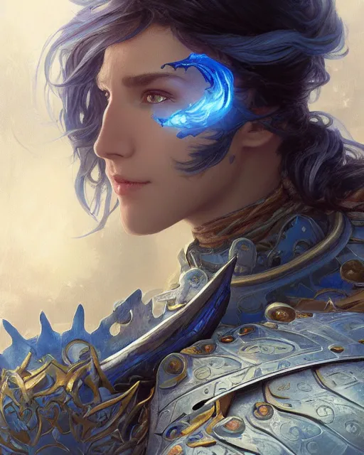 Image similar to Portrait of a Fantasy azure knight, moonlit, HD, illustration, epic, D&D, fantasy, intricate, elegant, highly detailed, digital painting, artstation, concept art, smooth, sharp focus, illustration, art by artgerm and greg rutkowski and alphonse mucha, monster hunter illustrations art book