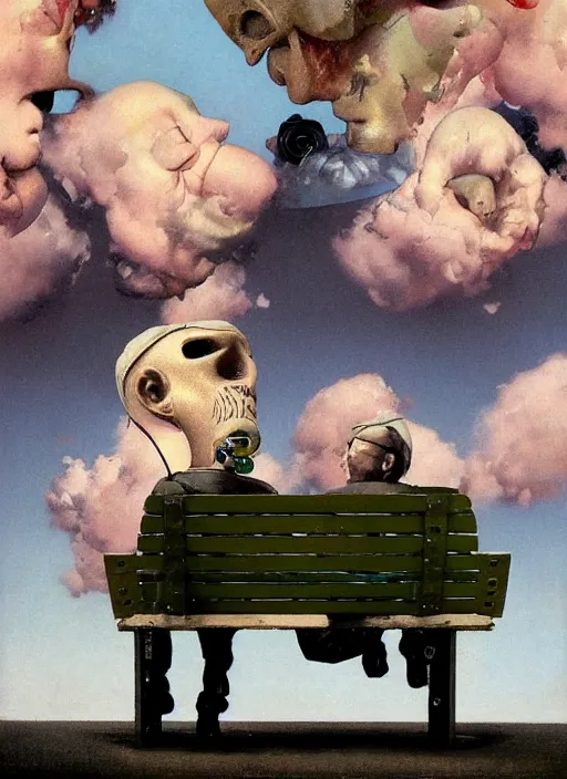Prompt: realistic detailed image of a old dead couple with gas masks sitting on a park bench with clouds in the sky in the style of Francis Bacon, Surreal, Norman Rockwell and James Jean, Greg Hildebrandt, and Mark Brooks, triadic color scheme, By Greg Rutkowski, in the style of Francis Bacon and Syd Mead and Edward Hopper and Norman Rockwell and Beksinski, dark surrealism, open ceiling, highly detailed, painted by Francis Bacon, painted by James Gilleard, surrealism, by Nicola Samori, airbrush, Ilya Kuvshinov, WLOP, Stanley Artgerm, very coherent, art by Takato Yamamoto and James Jean