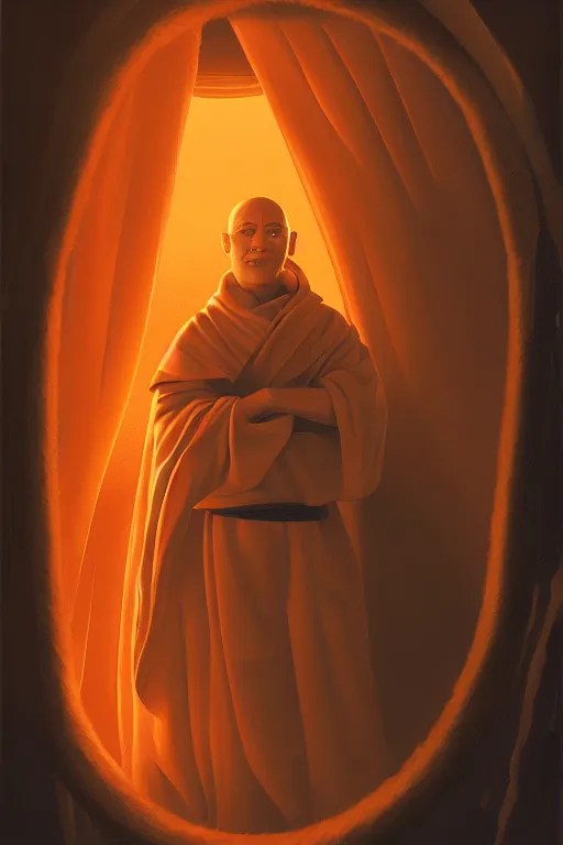 Image similar to portrait of a monk in a spaceship, window, nebula, orange robe, dramatic lighting, artstation, matte painting, ralph mcquarrie