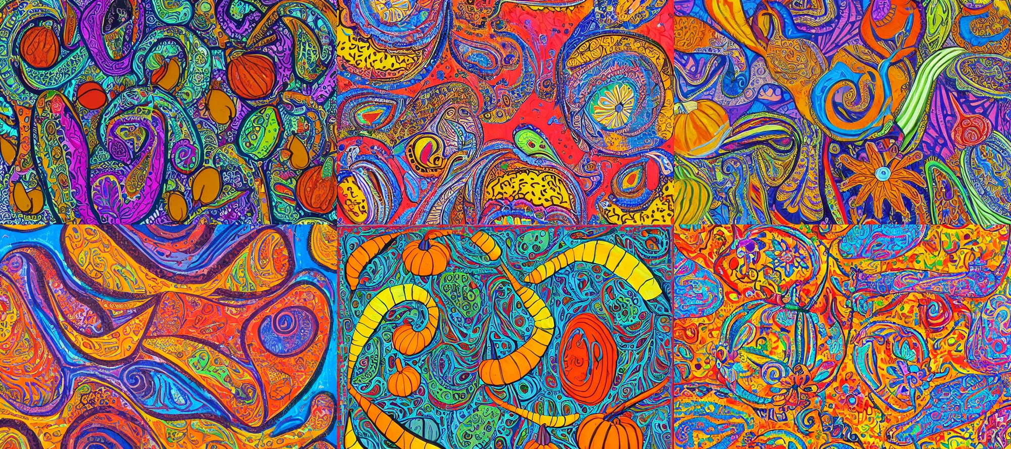 Prompt: absurd, surreal, colorful, abstract, gourd, blocky, paisley, thick brush acrylic, primitive