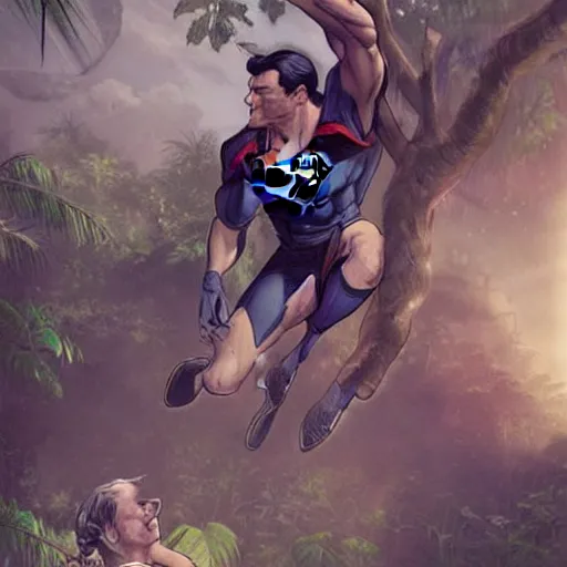 Image similar to batman and superman are playing volleyball in a jungle, in the style of greg rutkowski and artgerm, high detail