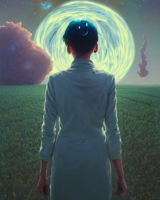 Image similar to highly detailed surreal vfx portrait of a futuristic mage in a rural farm with planets in background, stephen bliss, unreal engine, greg rutkowski, loish, rhads, beeple, makoto shinkai and lois van baarle, ilya kuvshinov, rossdraws, tom bagshaw, alphonse mucha, global illumination, detailed and intricate environment