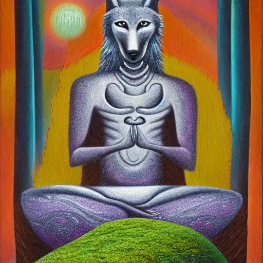 Prompt: an anthromorphic wolf man meditating in a zen garden, by amanda clark and amanda sage in a psychedelic style, oil on canvas