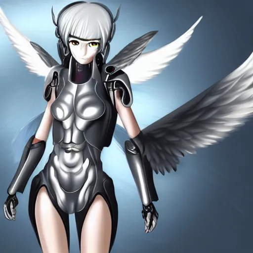 Prompt: small female cyborg - angel with large angelic wings, left eye gold and right eye silver, cyberpunk - anime character - concept art