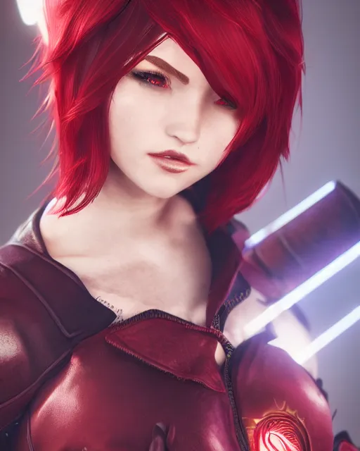 Image similar to a girl with short red hair, cool, vi from arcane, league of legends, fighter, cool red jacket, tattoo, beautiful, 3 d, potrait, art staion, studio light, closeup shot, octane render, wlop