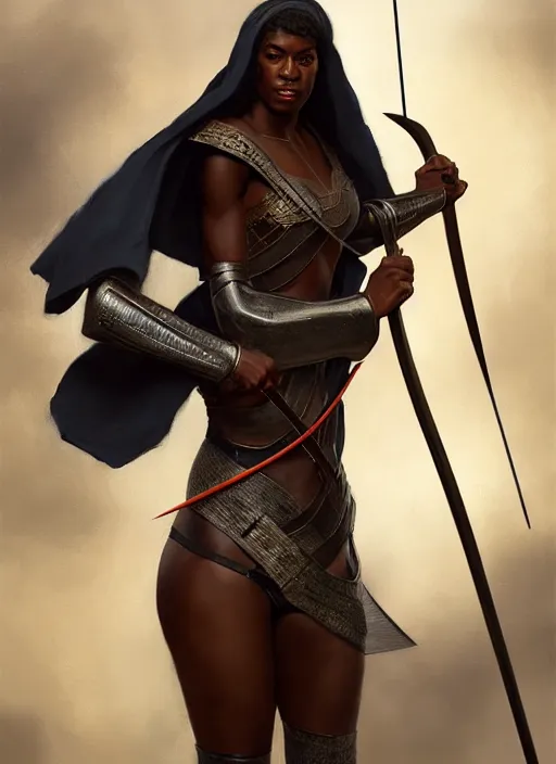 Prompt: full body portrait of beautiful black woman as a medieval archer, leather armor and war bow, cinematic, highly detailed, digital painting, artstation, concept art, smooth, sharp focus, illustration, face by wlop, illustrated by mars ravelo and greg rutkowski