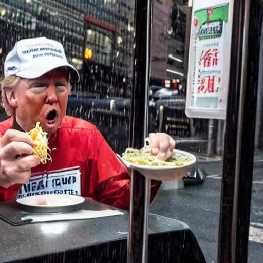 Prompt: donald trump eating maru-chan noodles at a bus stop on a rainy night in New York City in front of Trump Towers