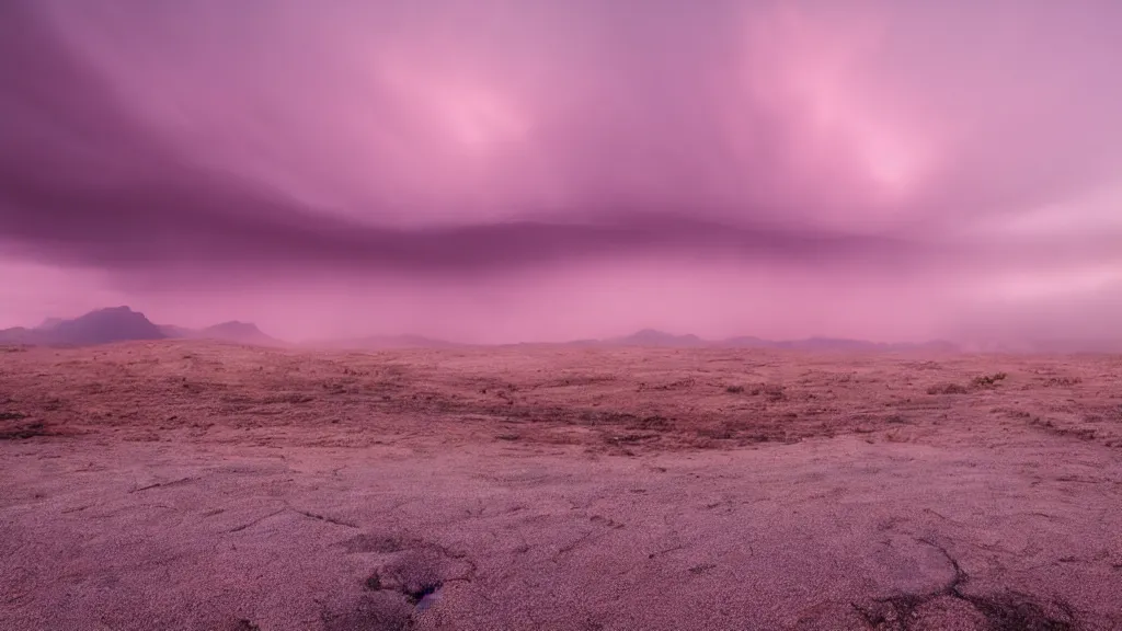 Prompt: soft glow pink desert with snow mountains and cloudy skies, purple fog, thunderstorms in the distance, long exposure, detailed, hyper realistic, photorealism, landscape, ultra wide angle view, peaceful, cinematic, volumetric lighting, god ray through clouds, disturbance