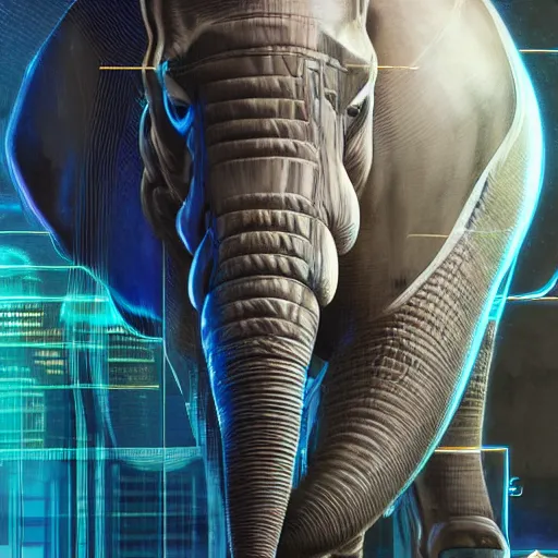 Image similar to hyper realistic futuristic cybertronic elephant. high details of body and face. complex realistic mechanical body. blue led. retro futuristic background cyberpunk style, natural realistic render, trending on art station, 8 k render alan lee, by artgerm.