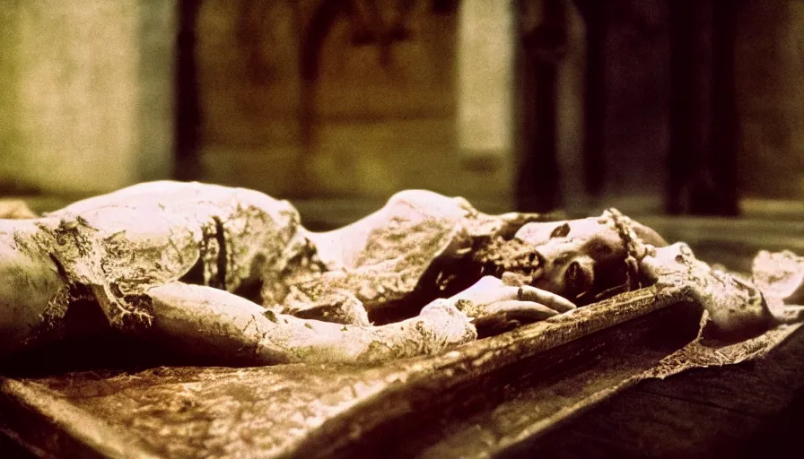 Image similar to a 7 0 s film still from a horror movie of a dead body in an old church, kodachrome, cinecolor, cinestill, film grain, film texture, retro, cinematic, high resolution, photorealism,