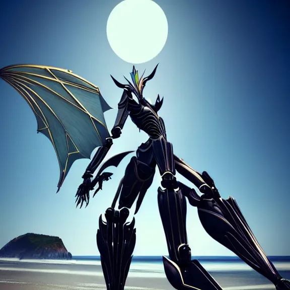 Image similar to looking up at a highly detailed 300 foot tall giant elegant exquisite beautiful stunning valkyr female warframe, as an anthropomorphic robot dragon, posing elegantly over your tiny form, detailed legs looming over you, camera on the ground, at the beach on a sunset, sleek streamlined design, streamlined matte black armor, sharp detailed claws, detailed sharp robot dragon feet, worms eye view, giantess shot, upward shot, ground view shot, leg shot, front shot, epic cinematic shot, high quality warframe fanart, captura, realistic, professional digital art, high end digital art, furry art, giantess art, anthro art, DeviantArt, artstation, Furaffinity, 8k HD render, epic lighting