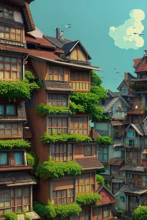 Prompt: stacked houses, solarpunk, studio ghibli, jean - baptiste monge, francois schuiten, octane render, 4 k