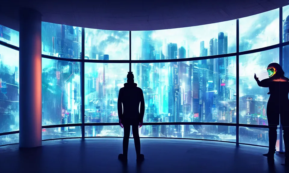 Prompt: a futuristic bedroom with large curved ceiling high windows looking out to a far future cyberpunk cityscape, a mna standing at the window, cyberpunk neon lights, raining, scifi