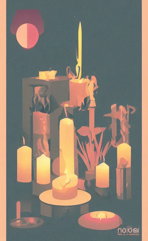 Image similar to illustration with beautiful scented candles, close - up photo in cozy interior, candle lighting, shadow play, light refraction, mirror, glowing, an art deco painting by tom whalen, trending on behance, art deco, digital illustration, storybook illustration, grainy texture, flat shading, vector art, airbrush, pastel, watercolor, poster