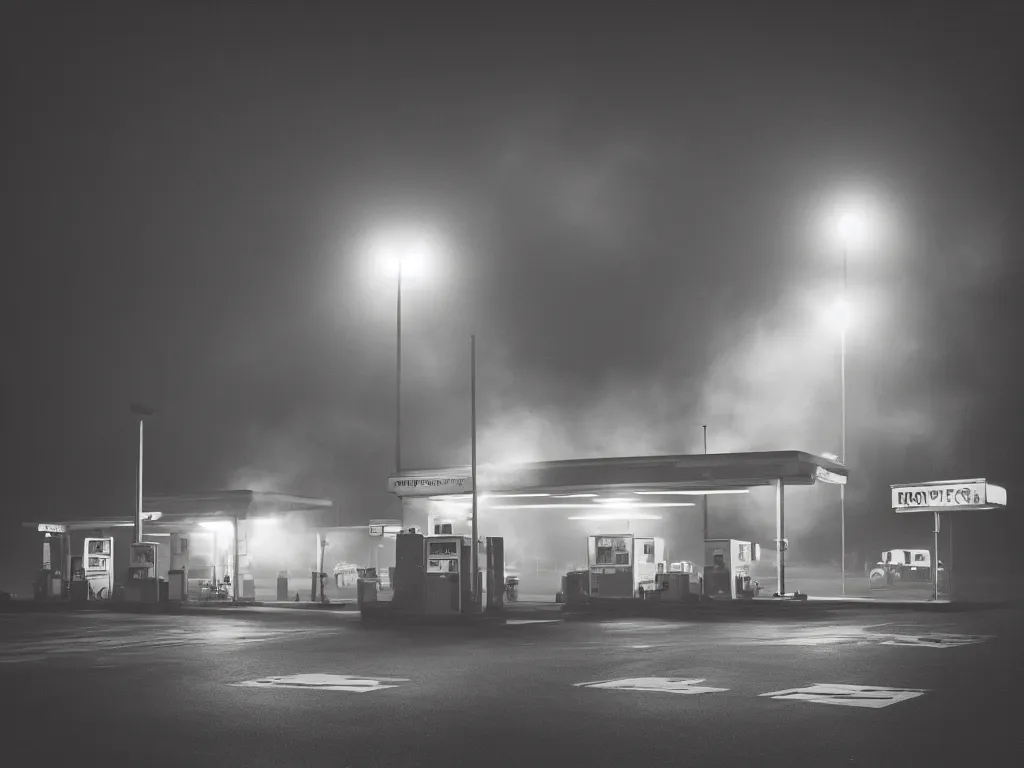 Image similar to “35mm film photography of gas station , fog, night, mood, atmospheric, full colour, digital photography, finished in Lightroom”