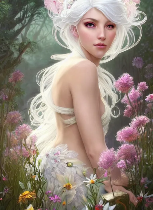 Prompt: a beautiful white haired woman as a fairy princess in a garden holding a bunch of wild flowers, deep focus, d & d, fantasy, intricate, elegant, highly detailed, digital painting, artstation, concept art, matte, sharp focus, illustration, hearthstone, art by artgerm and greg rutkowski and alphonse mucha