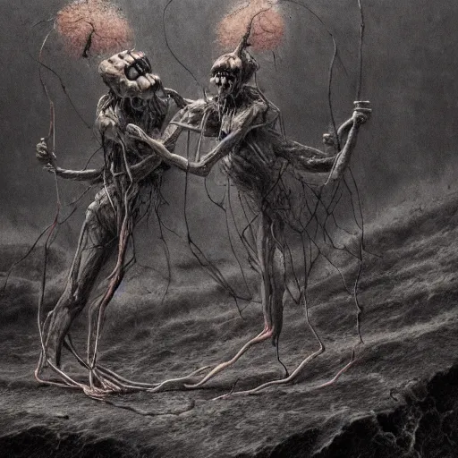 Image similar to two demons dance ballet in hell with ethernet cables!!! wrapped around their arms, trees burn! beksinski, dariusz zawadzki, very coherent symmetrical artwork. cinematic, hyper realism, high detail, octane render, 8 k