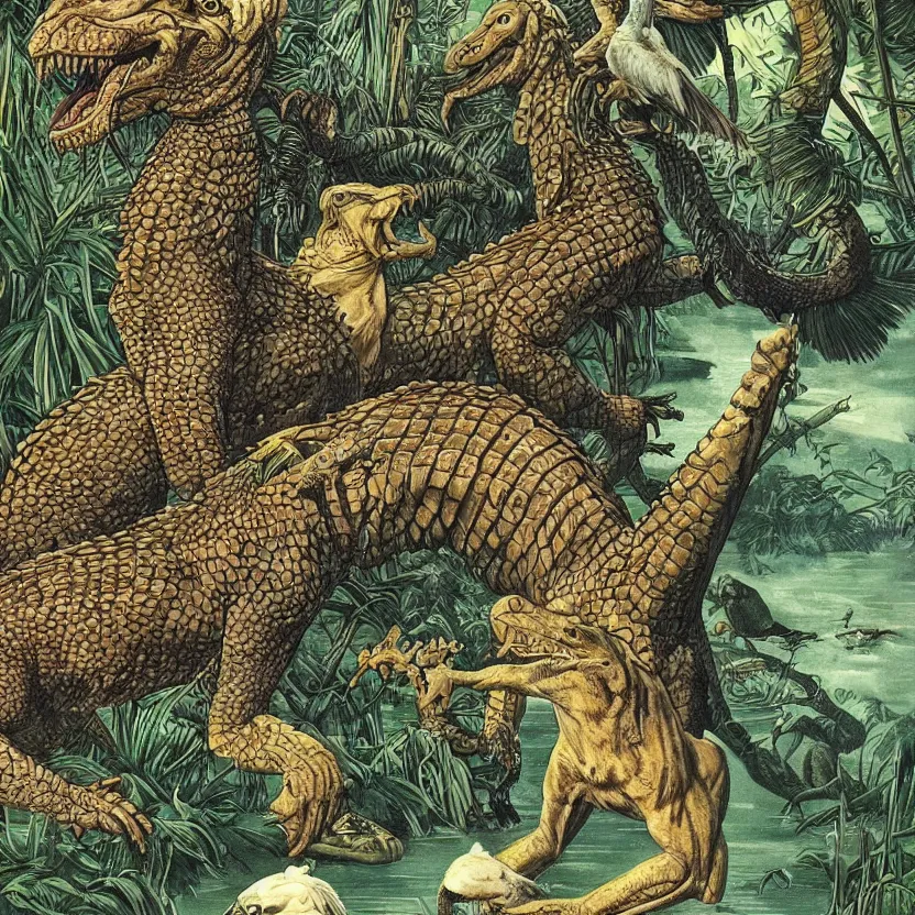 Prompt: crocodile, lion, and stork. wings and feathers. reptile skin, lion muscles. strange anatomy. in a night jungle by water. pulp sci - fi art.