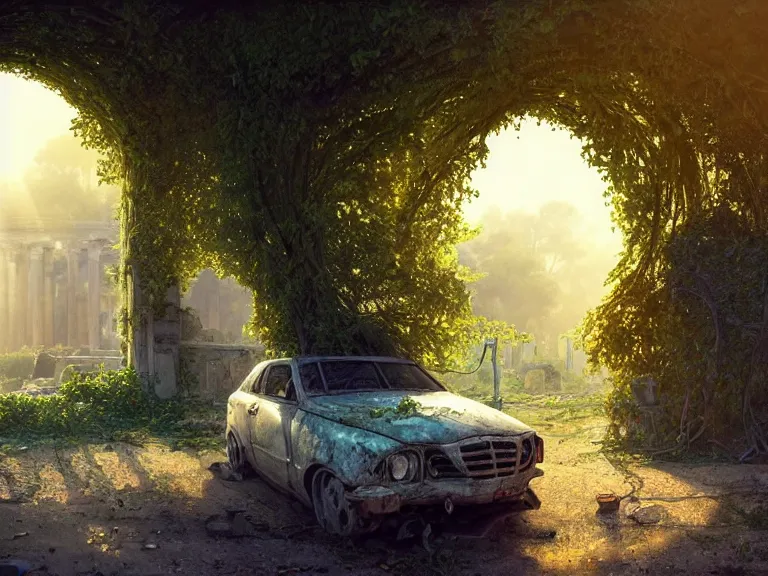 Image similar to a tree growing inside scrap car in ancient greek ruins, gray wasteland, many overgrown scrap cars, pillars and arches, colorful flowers, vines, cinematic, ray of golden sunlight, alphonse mucha, greg rutkowski, trending on artstation, artgerm, breathtaking, smooth, mark arian, award winning