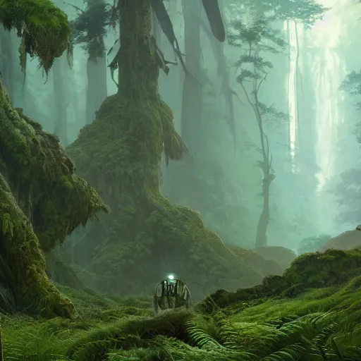 Image similar to alien undergrowth overwhelming a redwood forest, ferns and waterfalls shadow of the colossus screenshot by j. c. leyendecker, simon stalenhag, studio ghibli, barlowe, audobon and beksinski