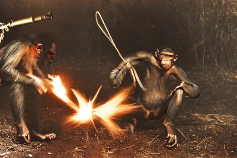 Prompt: chimp using a flame thrower in world war 2