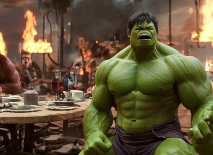 Image similar to film still of hulk having a tea party in the new avengers movie, 4 k