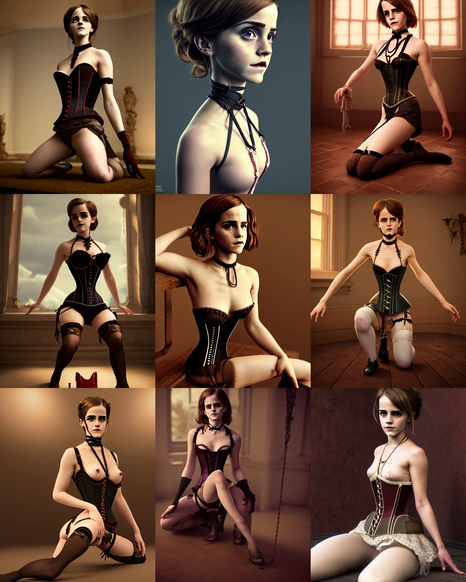 Prompt: full shot portrait of very very beautiful emma watson spread kneeling as maiden in stockings corset choker bondage home submissive mistress, character design by mark ryden and pixar and hayao miyazaki, unreal 5, daz, hyperrealistic, octane render, cosplay, rpg portrait, dynamic lighting, intricate detail, cinematic