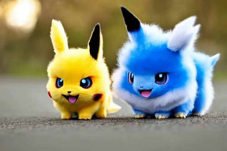 Image similar to photo of real life pokemons, cute!!!, content!!!, mischievous!!!, adorable!!!, fluffy!!!, ultra realistic!!!, golden hour, sharp focus, tiny amount of chromatic aberration