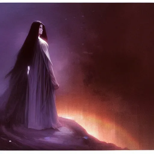 Image similar to concept art painting of attractive figure the called the ghost of the moonbow queen, black cloak, a rainbow in the dark, rainbow, by Michael Whelan, William Adolphe Bouguereau, John Williams Waterhouse, and Donato Giancola, cyberpunk, extremely moody lighting, glowing light and shadow, atmospheric, shadowy, cinematic, 8K