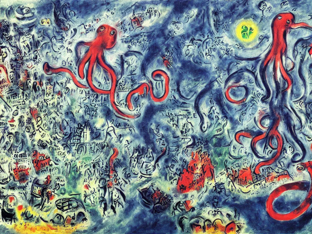 Prompt: giant octopus attacking London, painting by chagall, 4k