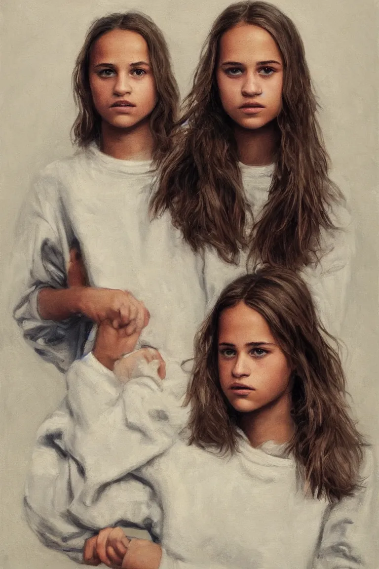 Image similar to portrait of teenage Alicia Vikander in a big old oversized sweatshirt. pollutionpunk, oil on canvas by William Turner, oil on canvas, trending on artstation