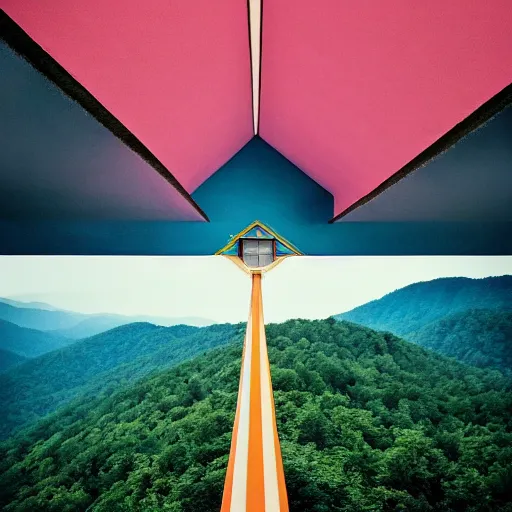 Image similar to Symmetric Wes Anderson film still in the Gatlinburg without people. Establishing shot. Architecture. 8k resolution. Pastel. Sharp. Whimsical. Symmetry. Stunning.