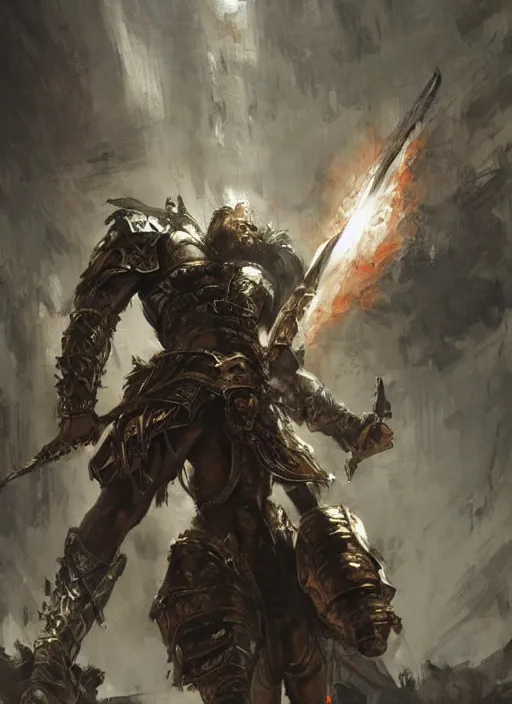 Image similar to ancient historically accurate depiction of the Bible Character Goliath of Gath, the Philistine warrior giant in ancient persian chainmail armor, dramatic lighting art by Yoji Shinkawa by Richard Schmid by greg rutkowski by Sandra Chevrier by Jeremy Lipking cinematic dramatic