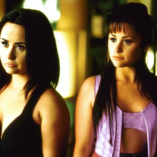 Prompt: Demi Lovato as Piper Halliwell and Selena Gomez as Phoebe Halliwell and Ariana Grande as Prue Halliwell in a Charmed movie directed by Christopher Nolan, movie still frame, promotional image, imax 35 mm footage