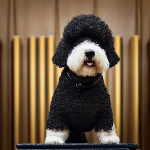 Image similar to a closeup photorealistic photograph of a cute smiling knitted bernedoodle judge dog dressed in a black gown, presiding over the courthouse. indoor image, professional capture, well lit shot. this 4 k hd image is trending on artstation, featured on behance, well - rendered, extra crisp, features intricate detail, epic composition and the style of unreal engine.