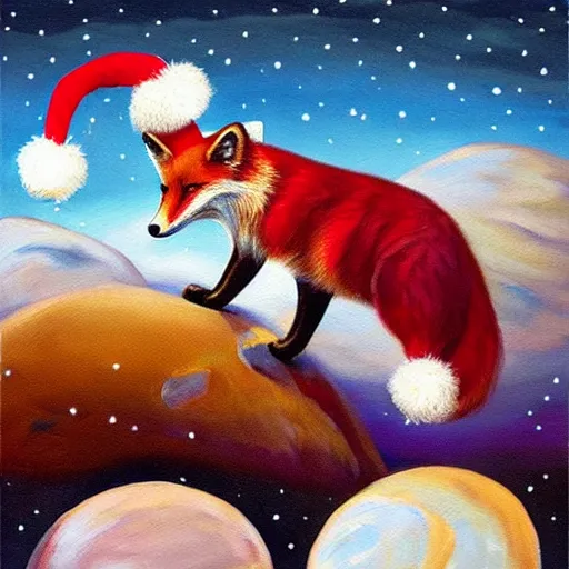 Prompt: fox animals who are wearing santa hats dancing on the moon, inspiring painting