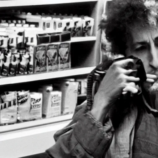 Prompt: bob dylan pointing a gun at a convenience store cashier, security camera footage