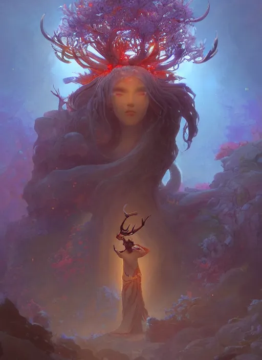 Prompt: Gigantic Stone Deity with a halo made of fluorescent mushrooms and antlers, flowing robes, extremly detailed digital painting, in the style of Fenghua Zhong and Ruan Jia and jeremy lipking and Peter Mohrbacher, mystical colors, rim light, beautiful lighting, 8k, stunning scene, raytracing, octane, trending on artstation