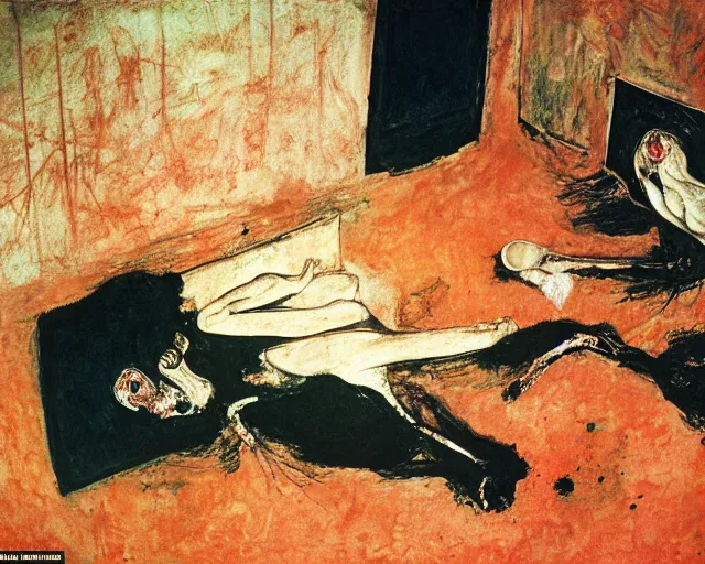 Prompt: overhead image of a dead couple in style of Francis Bacon and Egon Schiele and Willem de kooning, interior room with a pool of blood and stray dog barking, messy living room with beer cans on the floor. Art by Henry Clarke, Still from 1982 movie The Thing. Beksiński Masterpiece