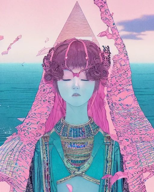 Image similar to lee jin - eun in luxurious dress emerging from pink and turquoise water in egyptian pyramid city during an eclipse by takato yamamoto, nicola samuri, conrad roset, m. k. kaluta, martine johanna, rule of thirds, elegant look, beautiful, chic, face anatomy, cute complexion