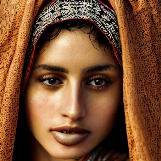 Image similar to vintage portrait of a stunningly beautiful arabic tribal female, depth of field, zeiss lens, detailed, symmetrical, centered, fashion photoshoot, by edward s curtis, Annie Leibovitz and Steve McCurry, David Lazar, Jimmy Nelsson, Breathtaking, 8k resolution, extremely detailed, beautiful, establishing shot, artistic, hyperrealistic, beautiful face, octane render