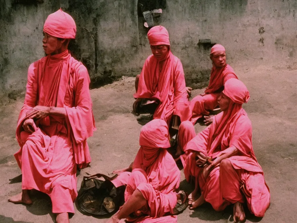 Image similar to 3 5 mm photography taken by harry gruyaert, pink monks in vietnam, sun and shadows, 1 9 7 0 s kodachrome colour photo